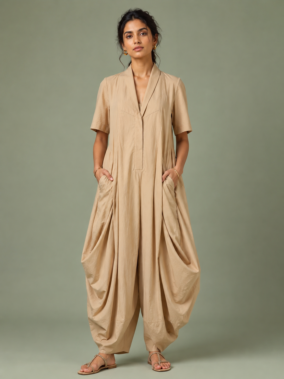Beige Draped Indo-Western Jumpsuit
