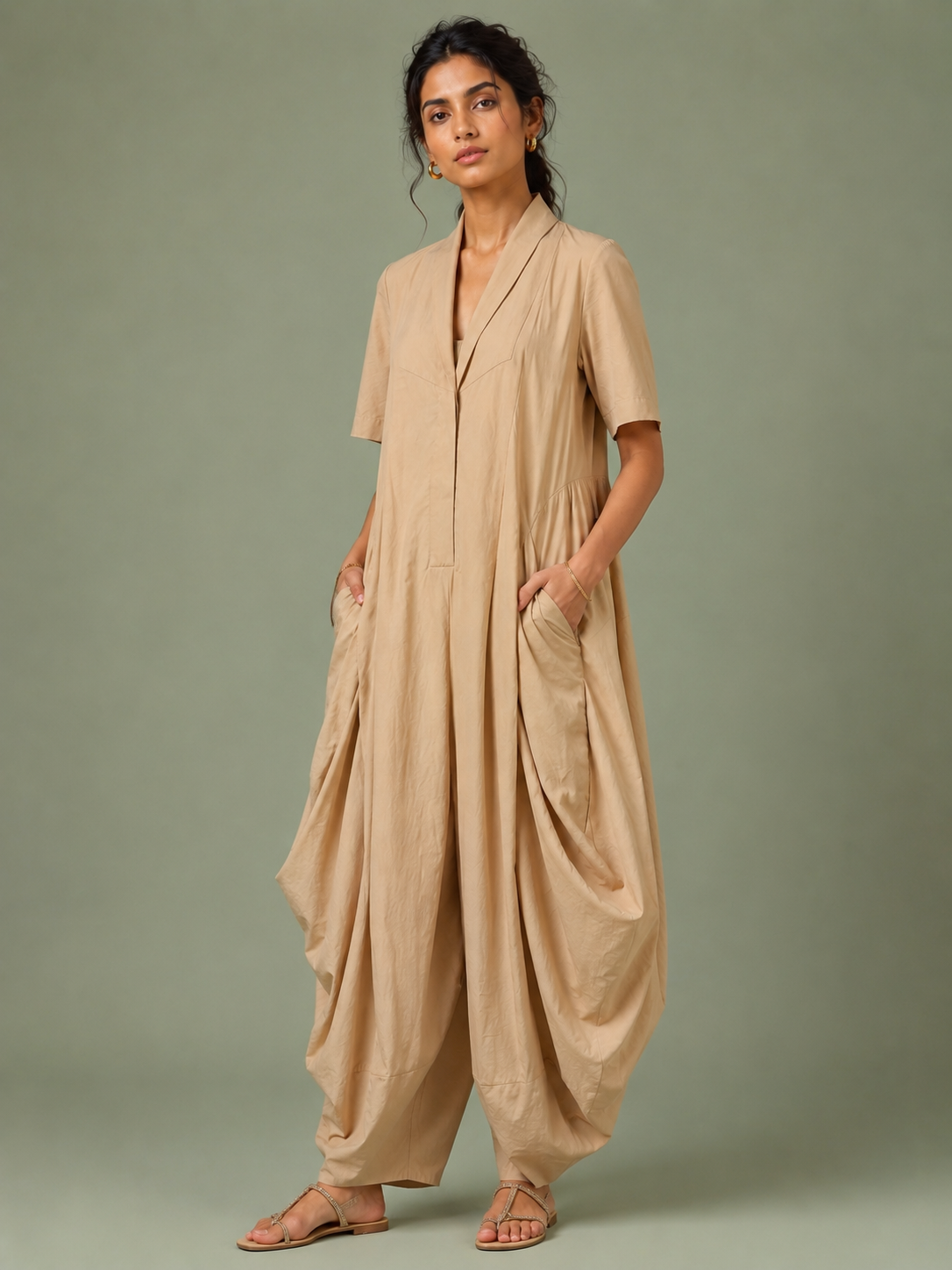 Beige Draped Indo-Western Jumpsuit