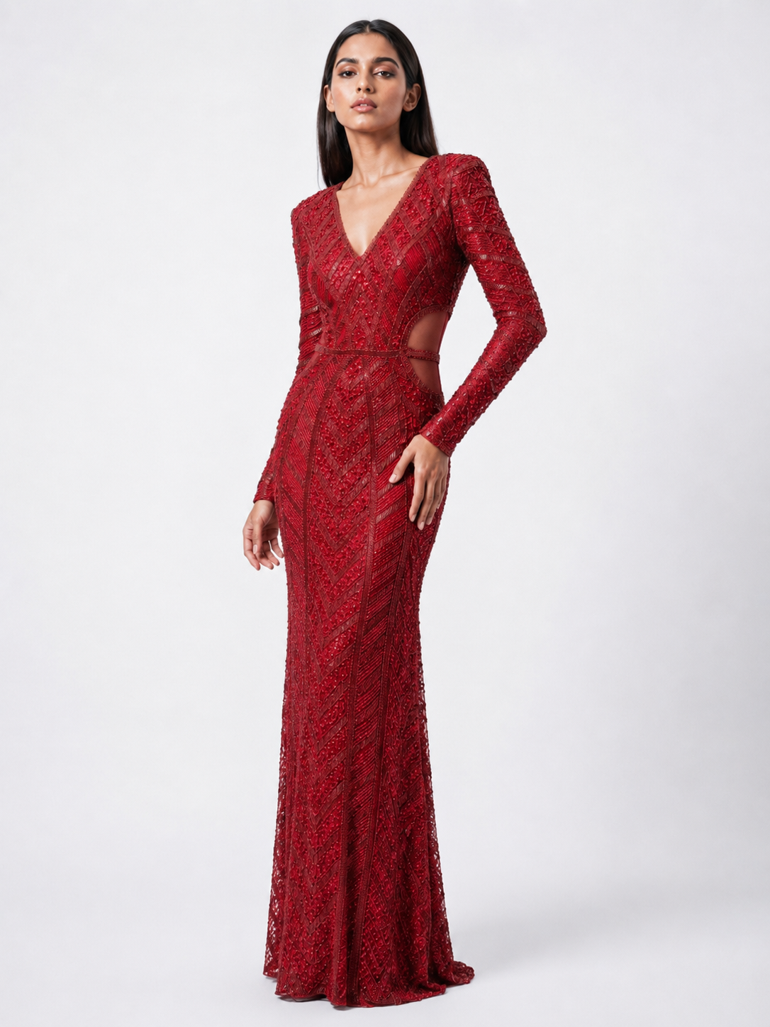 Ruby Red Embellished Cut-Out Evening Gown