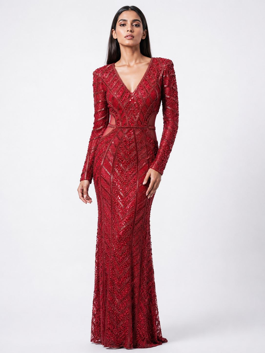 Ruby Red Embellished Cut-Out Evening Gown