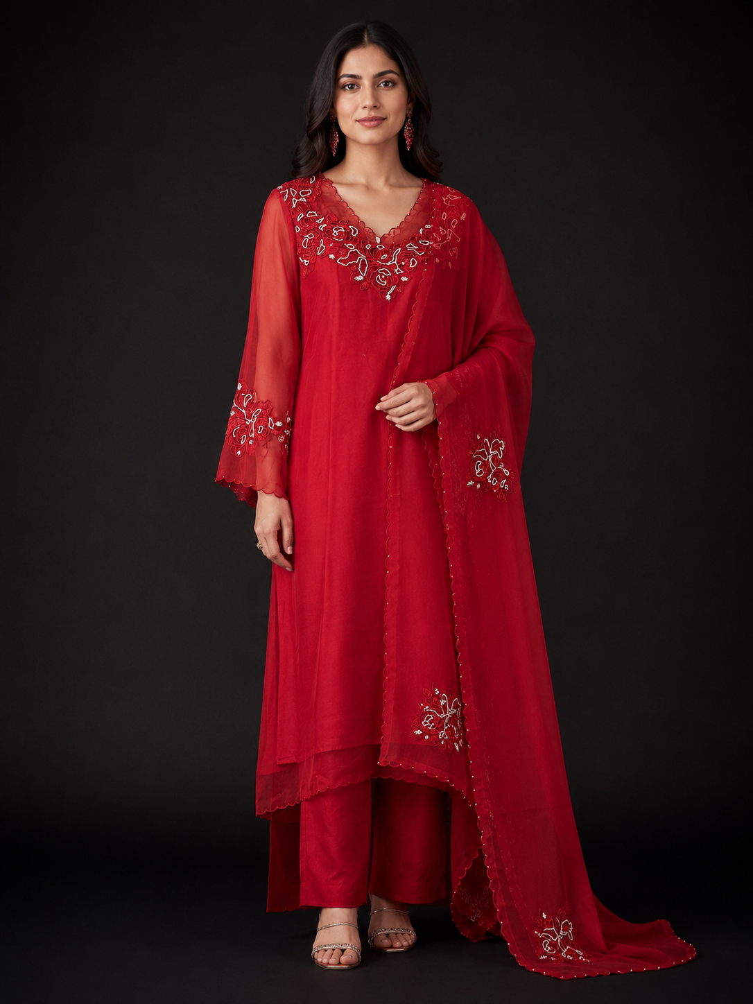 Red Embroidered Kurta Palazzo Set with Dupatta