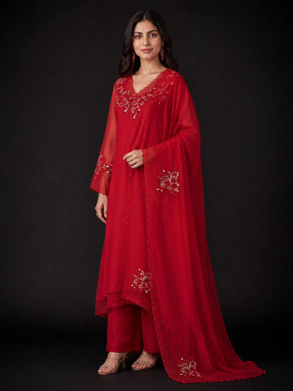 Red Embroidered Kurta Palazzo Set with Dupatta