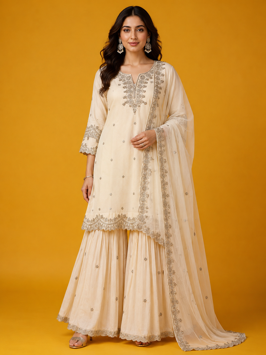 Ivory Embroidered Sharara Set with Dupatta