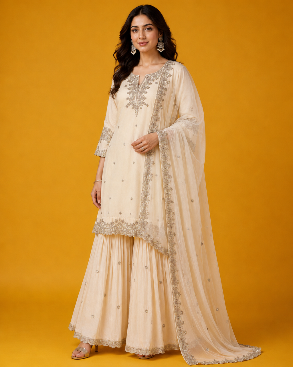 Ivory Embroidered Sharara Set with Dupatta