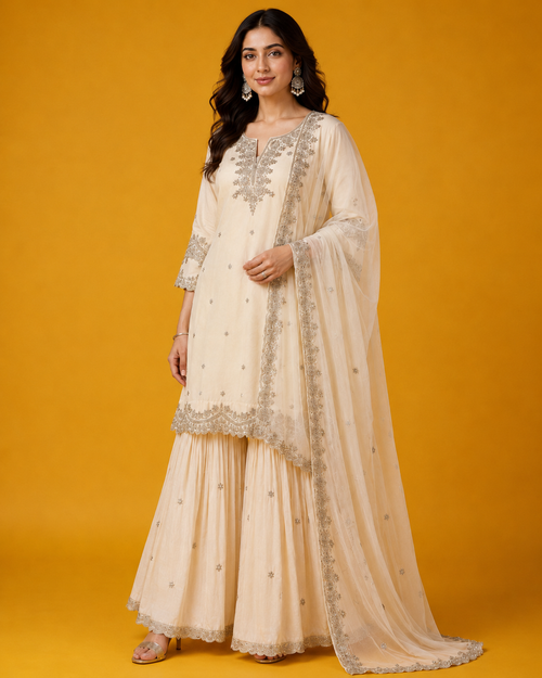 Ivory Embroidered Sharara Set with Dupatta