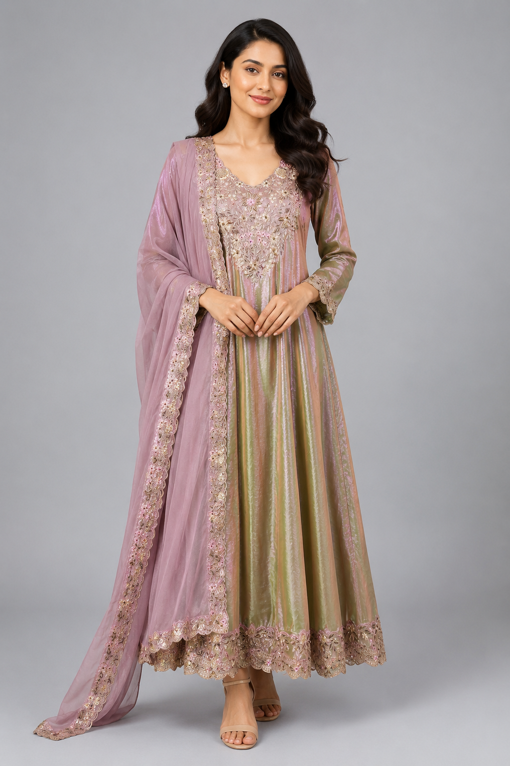 Pastel Lilac Embroidered Anarkali Set with Dupatta