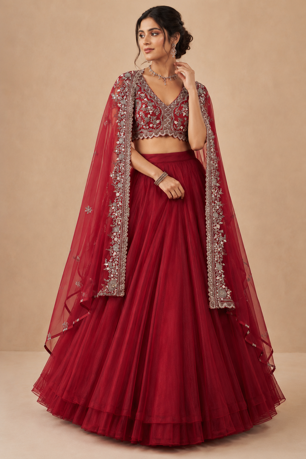Wine Red Embroidered Lehenga Set with Cape Dupatta