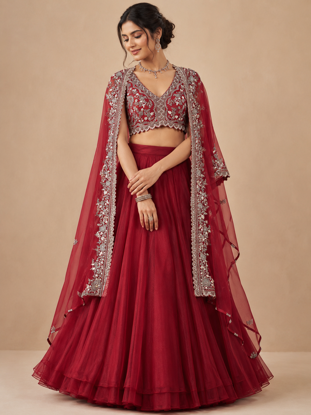 Wine Red Embroidered Lehenga Set with Cape Dupatta